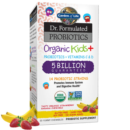 Garden of Life Dr. Formulated Probiotics Organic Kids+ Plus Vitamin C & D - Watermelon - Gluten, Dairy & Soy Free Immune & Digestive Health Supplement, No Added Sugar, 30 Chewables (Shelf Stable)