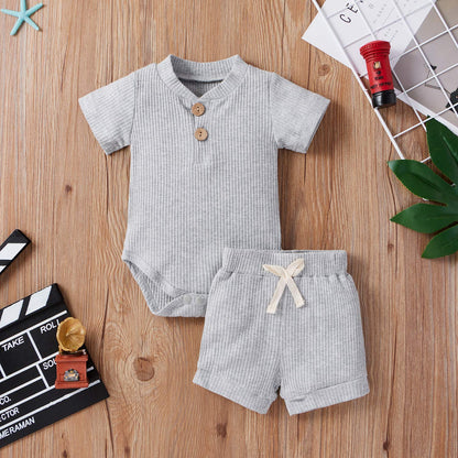 Newborn Baby Boy Girl Clothes 3 6 9 12 18 Months Ribbed Knit Short Sleeve Romper Shorts Set Infant Summer Outfits
