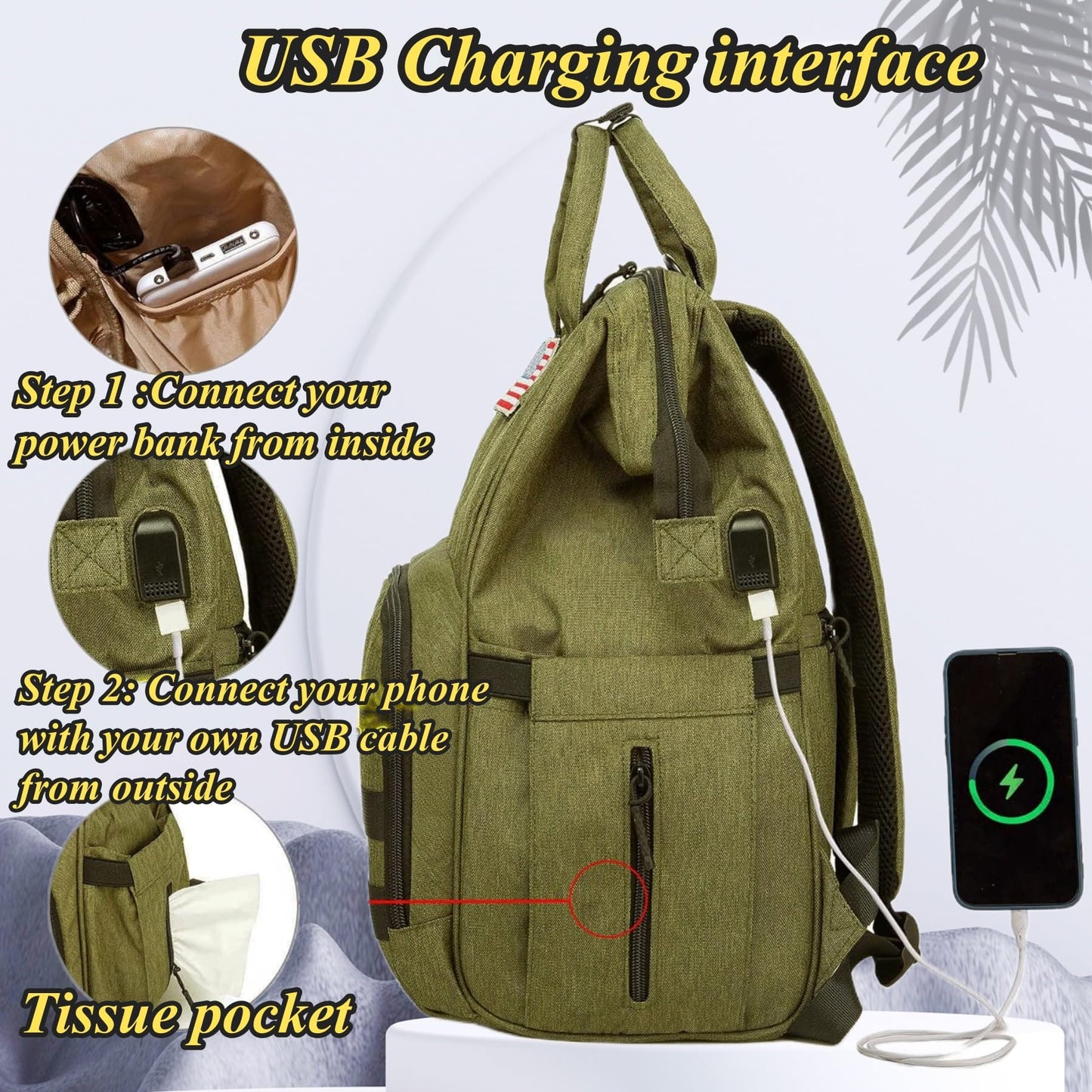 Diaper Bag Backpack for Dad and Mom with USB Charging Port Stroller Straps and Insulated Pocket,army military Travel Nappy Backpack for Daddy/Mommy (Black)