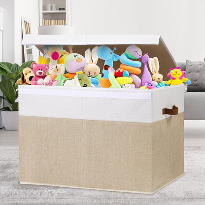 Large Toy Storage Box with Lid, Sturdy Toys Storage Chest Bin Organizer Basket with Dividers for Kids, Boys, Girls, Nursery, Closet, Bedroom, Playroom 25"x13" x16" (Beige and White)