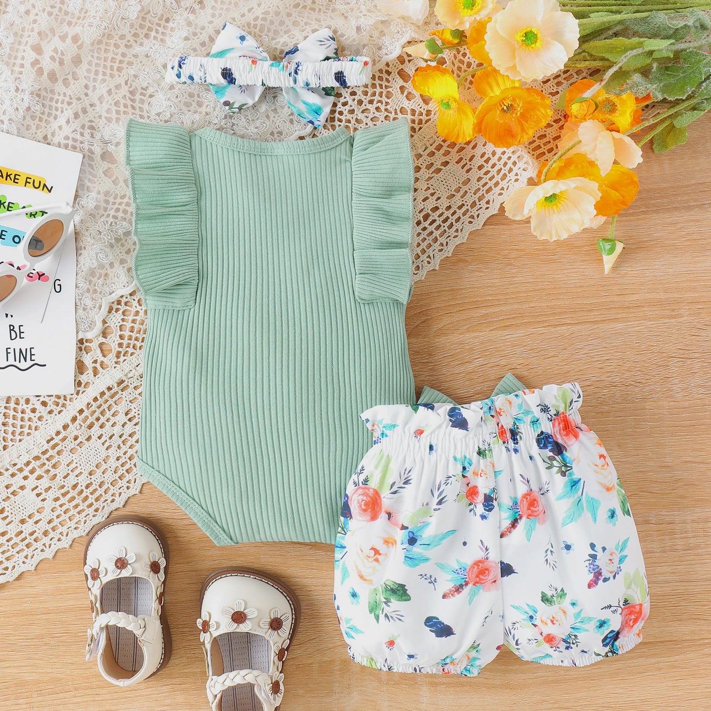 Newborn Baby Girl Clothes Outfits Ruffle Romper and Short Pant Sets with Headband Infant Bodysuits