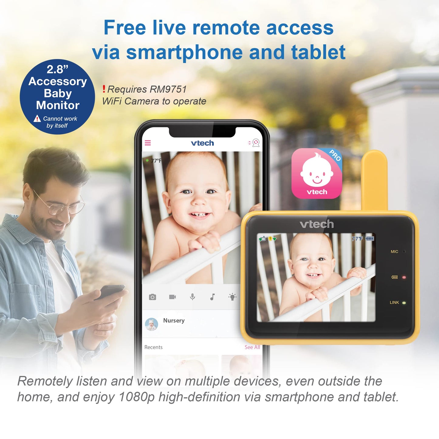 VTech RM9751 Yellow Daisy Smart Wi-Fi Baby Camera, iOS & Android Enabled, 1080p Full HD, Privacy Mode Cover, Night Light, Soothing Sounds & Lullabies, Two-way Intercom,Temperature Sensor, Night Vision