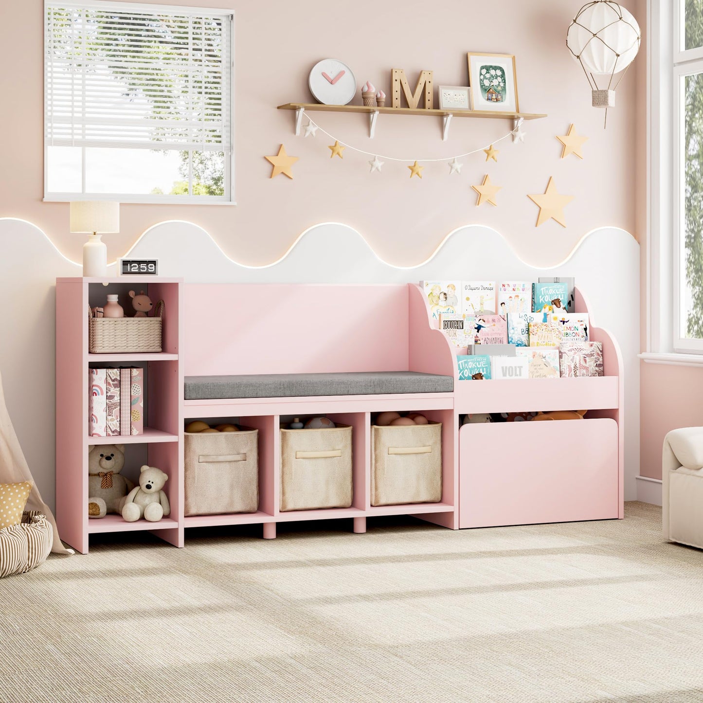 HOSTACK 67" Kids Reading Nook with Bench, Kids Bookshelf and Bookcase with Seat Cushion and 6 Storage Cubbies, Toy Storage Box on Wheels, Toy Chest for Playroom, Bedroom, School, White