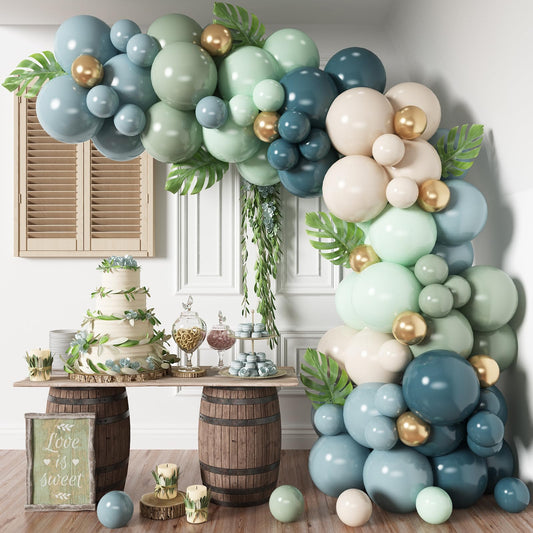 Dusty Blue Sage Green Balloon Arch Kit Slate Fog Blue Pastel Green White Sand Beige Gold Balloons Garland for Jungle Safari Birthday Baby Shower Wedding Party Decorations