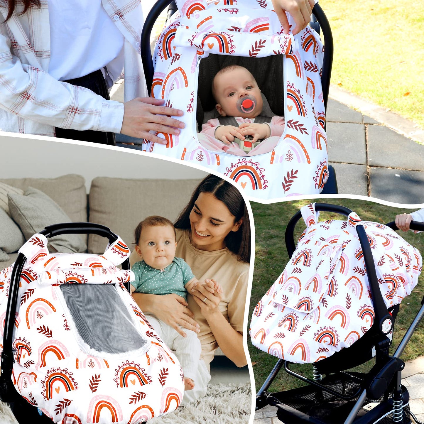 Pea Pod Car Seat Cover Baby, Infant Car Seat Canopy Covers for Newborn with 2 Layers Windows of Breathable Mesh Fabric, Lightweight Polyester/Soft Minky Dot Backing (Floral & Rainbow)