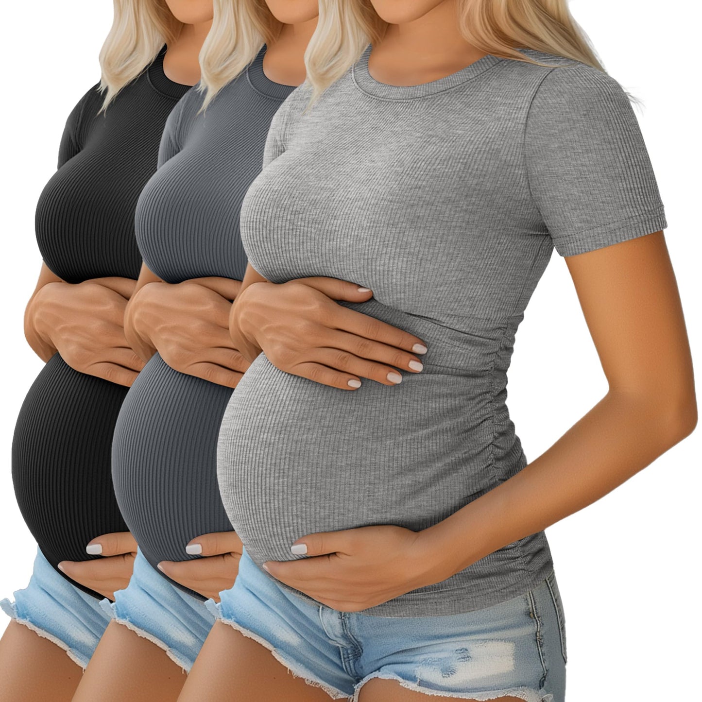 Ficerd 3 Pack Women's Maternity Shirts Cotton Short Sleeve Pregnancy Tops Side Ruched Ribbed Casual Mama tees Clothes