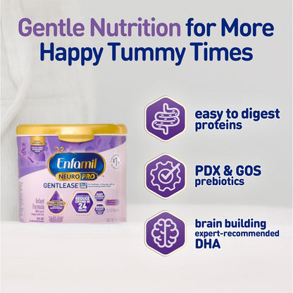 Enfamil NeuroPro Gentlease Baby Formula, Brain Building DHA, HuMO6 Immune Blend, Designed to Reduce Fussiness, Crying, Gas & Spit-up in 24 Hrs, Prebiotics to Promote Softer Stools, Baby Milk, 27.4 Oz
