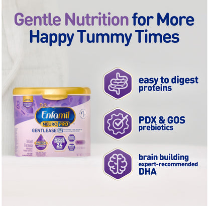 Enfamil NeuroPro Gentlease Baby Formula, Brain Building DHA, HuMO6 Immune Blend, Designed to Reduce Fussiness, Crying, Gas & Spit-up in 24 Hrs, has Prebiotics to Promote Softer Stools, Reusable Tub, 19.5 Oz