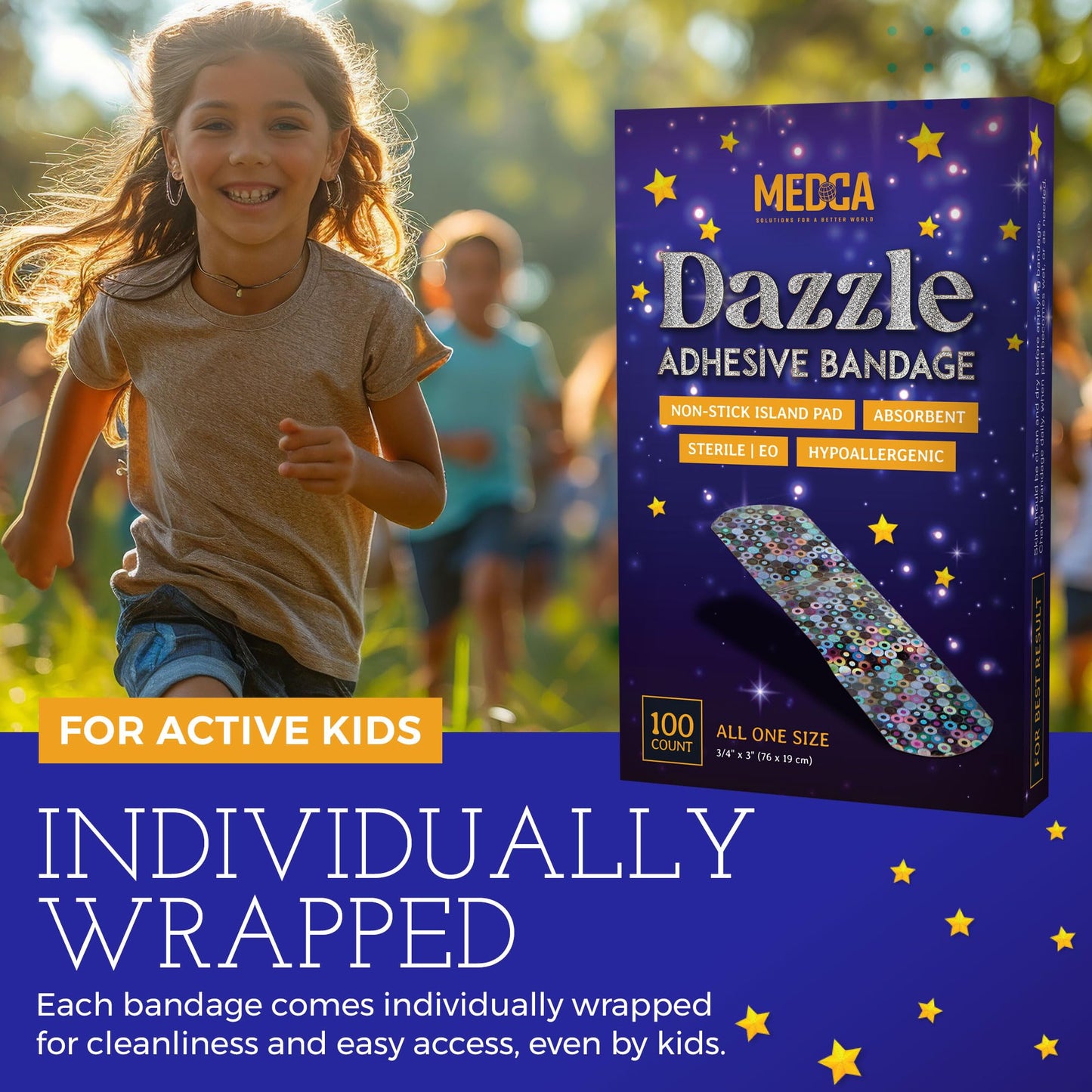 Glitter Bandages for Kids -(100 Count Box) Adhesive Bandage Strips w/Colorful Glitter Design & Latex-Free Individually Wrapped Strips for First Aid, Wound Care, Minor Cuts, Scrapes
