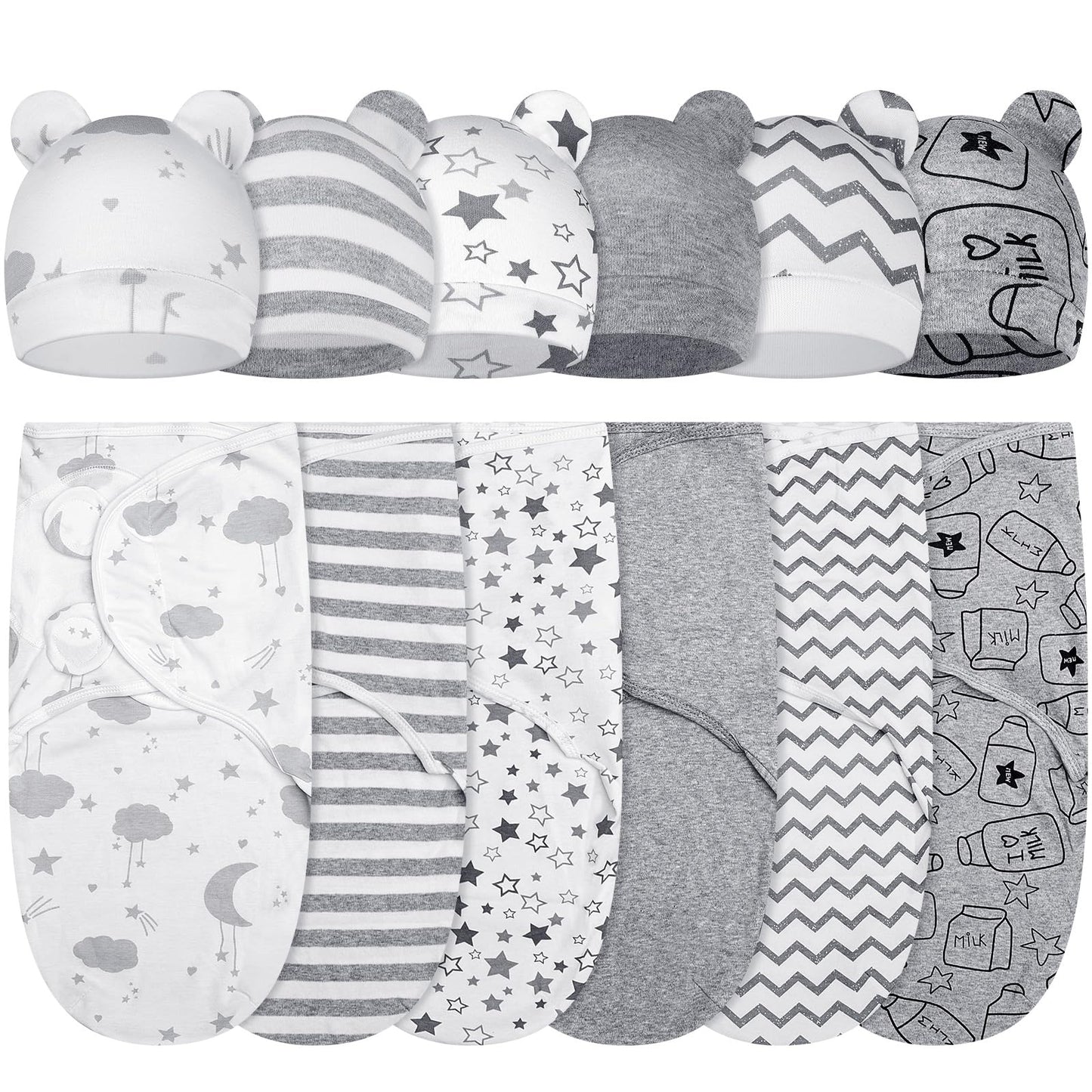 Ramede 6 Pack Baby Swaddle Blanket with Hats Sleep Swaddle for 0-3 Months Newborn Sacks Soft Cotton Wearable for Boy Girl