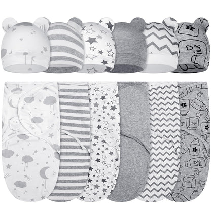 Ramede 6 Pack Baby Swaddle Blanket with Hats Sleep Swaddle for 0-3 Months Newborn Sacks Soft Cotton Wearable for Boy Girl