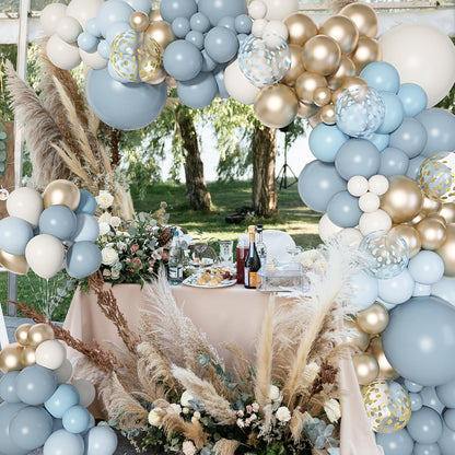 Ouddy Life 180pc Dusty Baby Balloons Arch Garland Kit, Blue Baby Shower Decorations Boy with Fog, Sand, White, Chrome, Gold, Champagne Balloons for Birthday, Boho, Bridal Shower Party Decor