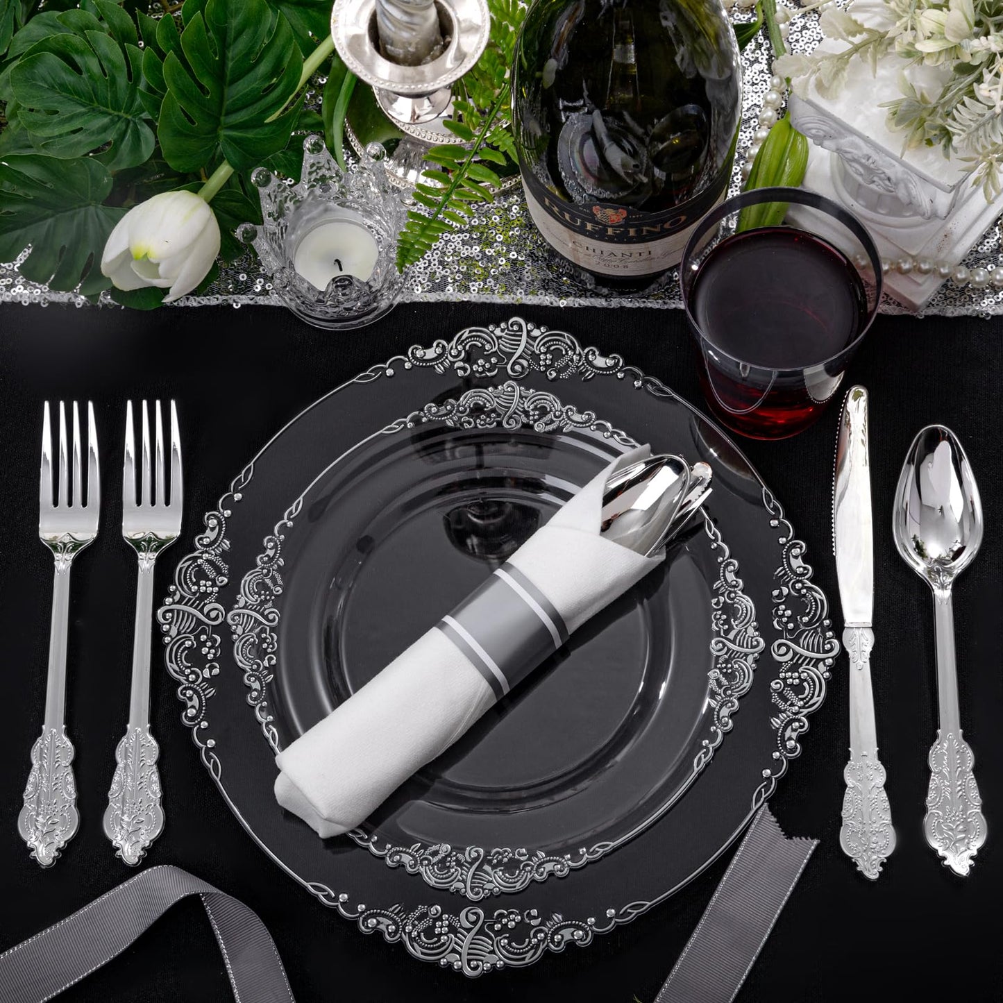 Morejoy 175PCS Rose Gold & Silver Plastic Dinnerware Set: 25 Plates, 25 Forks, 25 Knives, 25 Spoons, 25 Cups, 25 Napkins - Perfect for Wedding & Party