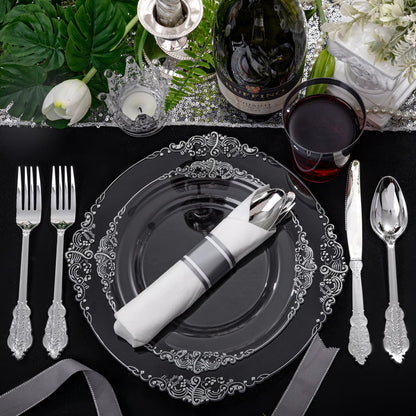 Morejoy 175PCS Rose Gold & Silver Plastic Dinnerware Set: 25 Plates, 25 Forks, 25 Knives, 25 Spoons, 25 Cups, 25 Napkins - Perfect for Wedding & Party