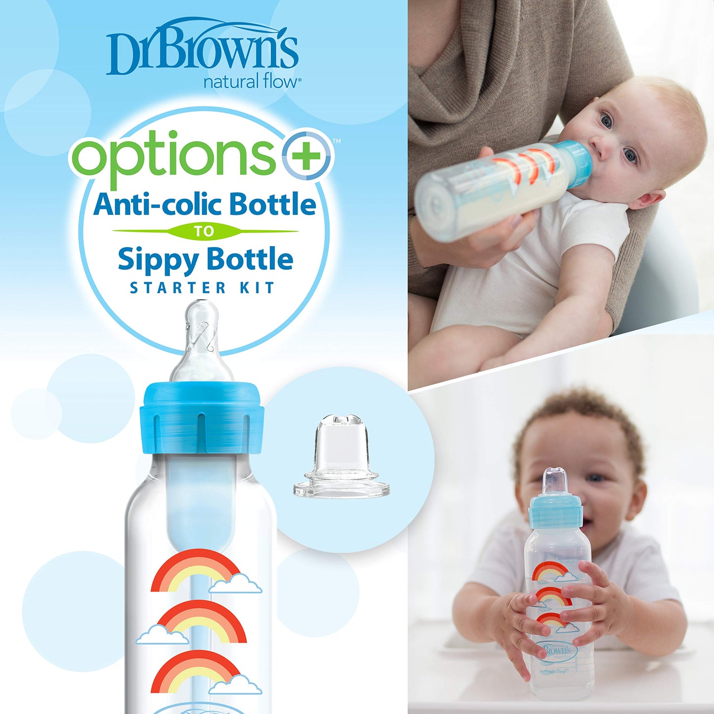 Dr. Brown's Anti-Colic Options+ Narrow Sippy Bottle Starter Kit, 8oz/250mL, with Level 3 Medium-Fast Flow Nipple and Soft 100% Silicone Sippy Spout, Pink, BPA Free, 6m+