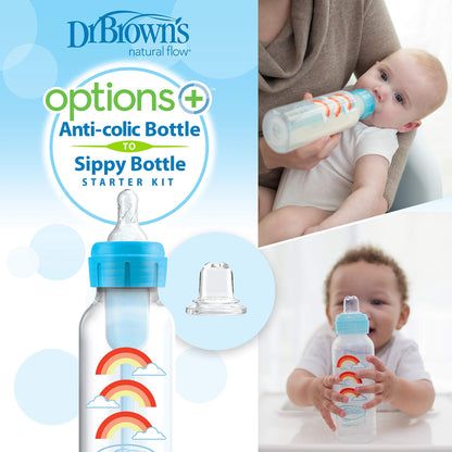 Dr. Brown's Anti-Colic Options+ Narrow Sippy Bottle Starter Kit, 8oz/250mL, with Level 3 Medium-Fast Flow Nipple and Soft 100% Silicone Sippy Spout, Pink, BPA Free, 6m+