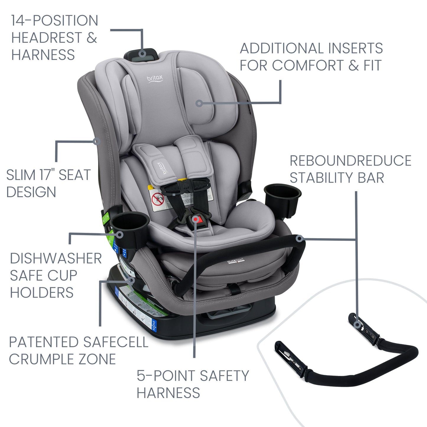 Britax Poplar S Convertible Car Seat, 2-in-1 Car Seat with Slim 17-Inch Design, ClickTight Technology, Arctic Onyx