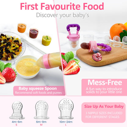 Food Feeder for Baby, Fruit Feeder Pacifier (3 Pcs) with 6 Different Sized Silicone Pacifiers 1 PCS Silicone Baby Food Dispensing Spoon 90ML with 1 PC Baby Spoons 1 PC Pacifier Clip Baby Feeding Set