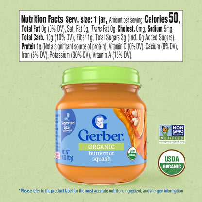 Gerber Stage 1 Baby Food, Organic Butternut Squash Jar, Baby Puree, Non-GMO, Vegetable, Puree Jars Glass, 10-pack