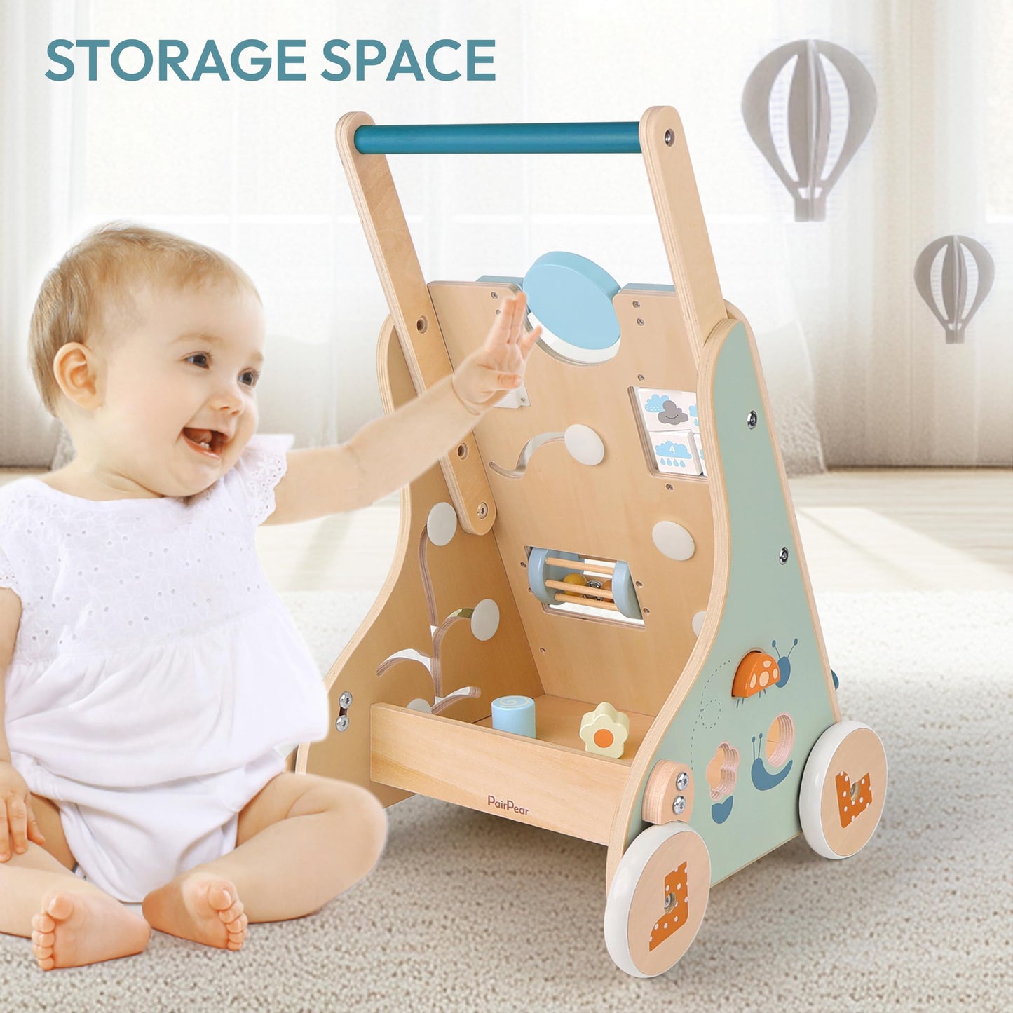 PairPear Wooden Baby Walker, Baby Push Walker, Montessori Walker Toy with Activity Center for Girls Boys, Adjustable Speed Baby Walker for Kids Development