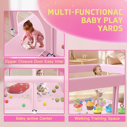 50" ×50" Baby Playpen, Baby Play Pen for Babies and Toddlers, Baby Playard for Indoor & Outdoor, Sturdy Safety Play Yard with Soft Breathable Mesh, Anti-Fall, Pink