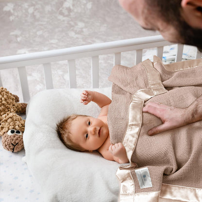 Swaddle Baby Blanket: Waffle Blanket with Satin Strim - Soft Breathable Toddler Blanket for Nursing Cover - Cotton Crib Blanket for Naptime（Cream）