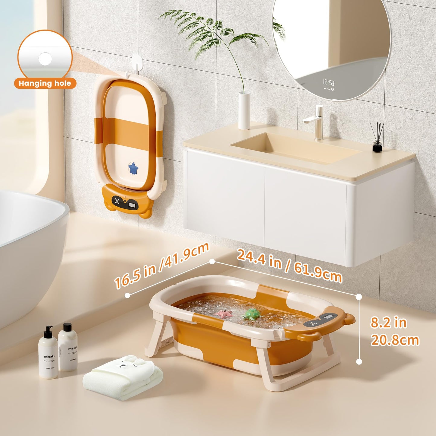 Collapsible Baby Bathtub for Newborn to Toddler (0-18 M) - Portable Baby Tub with Thermometer, Newborn Bathtub with Soft Towel and Floating Cushion (Brown)