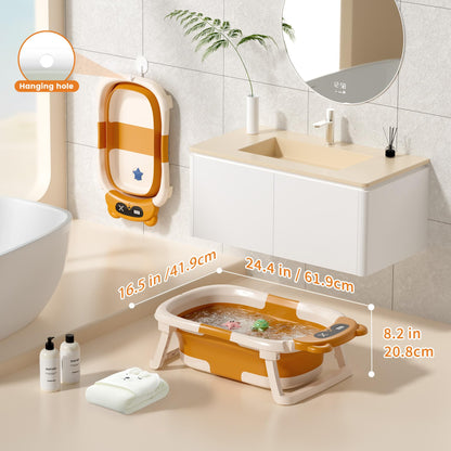 Collapsible Baby Bathtub for Newborn to Toddler (0-18 M) - Portable Baby Tub with Thermometer, Newborn Bathtub with Soft Towel and Floating Cushion (Brown)