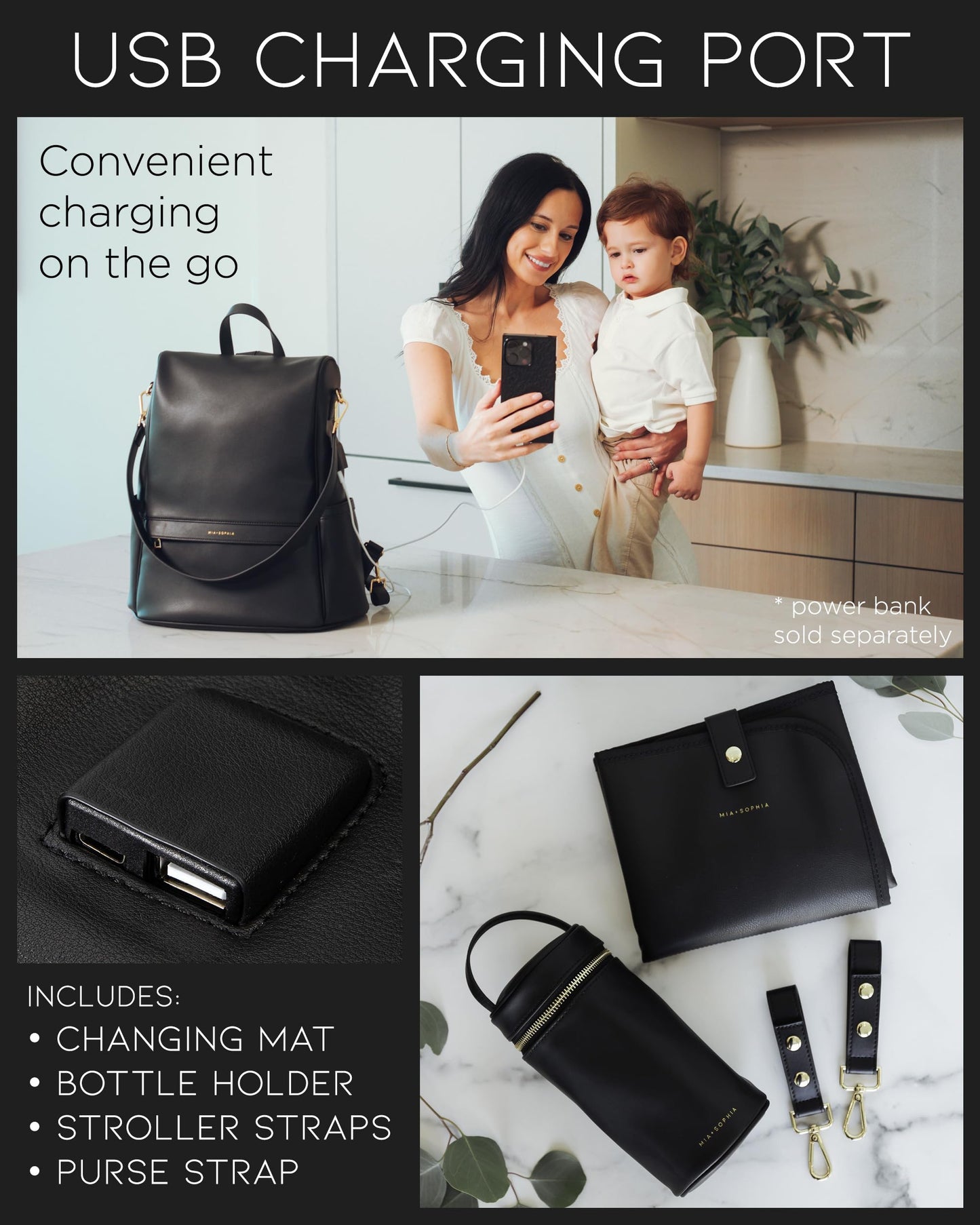 Leather Diaper Bag Backpack with USB Charging port, Changing Pad, Stroller Straps, and Bottle Holder (Brown Olivia)