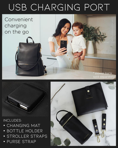 Leather Diaper Bag Backpack with USB Charging port, Changing Pad, Stroller Straps, and Bottle Holder (Brown Olivia)