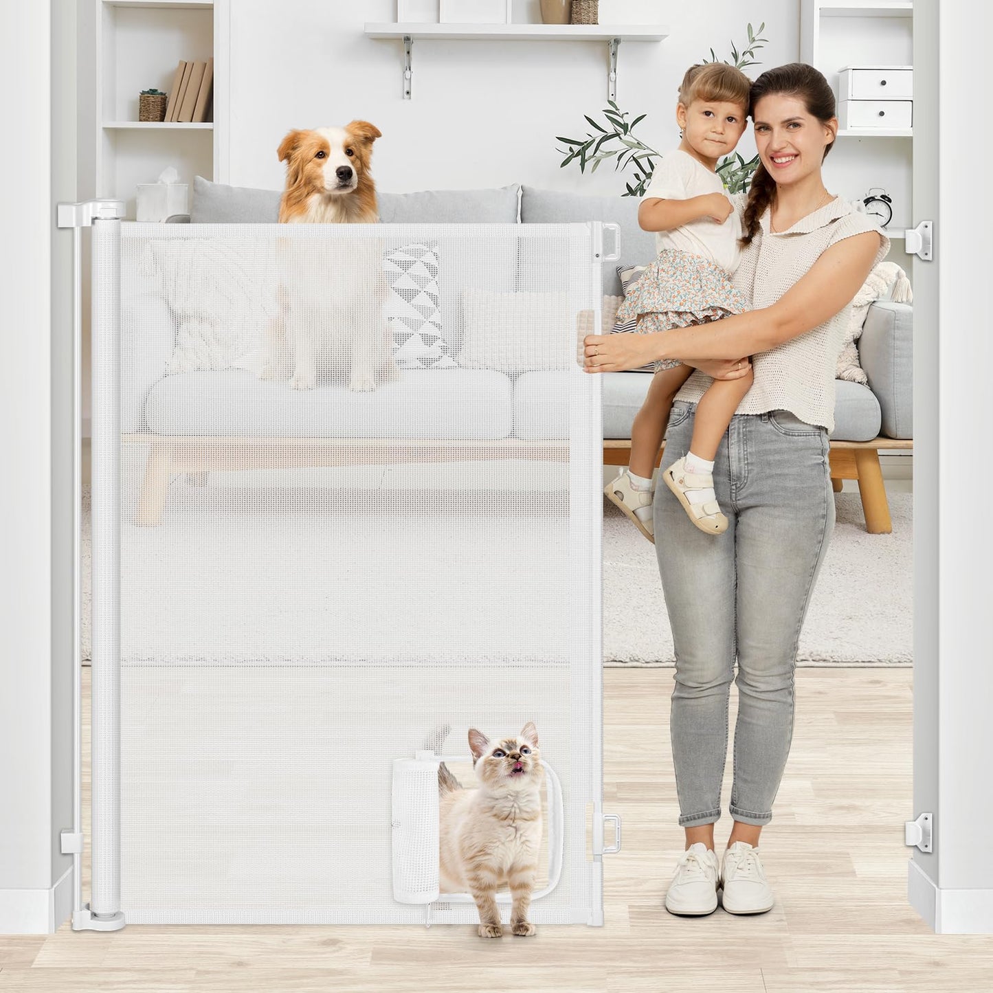 48 Inch Extra Tall Pet Gate Retractable Baby Gate with Cat Door - No Jumping Over, 55" Wide Retractable Dog Gate Indoor 4ft Extra Tall Cat Gate for Doorway Outdoor Deck Gate, White
