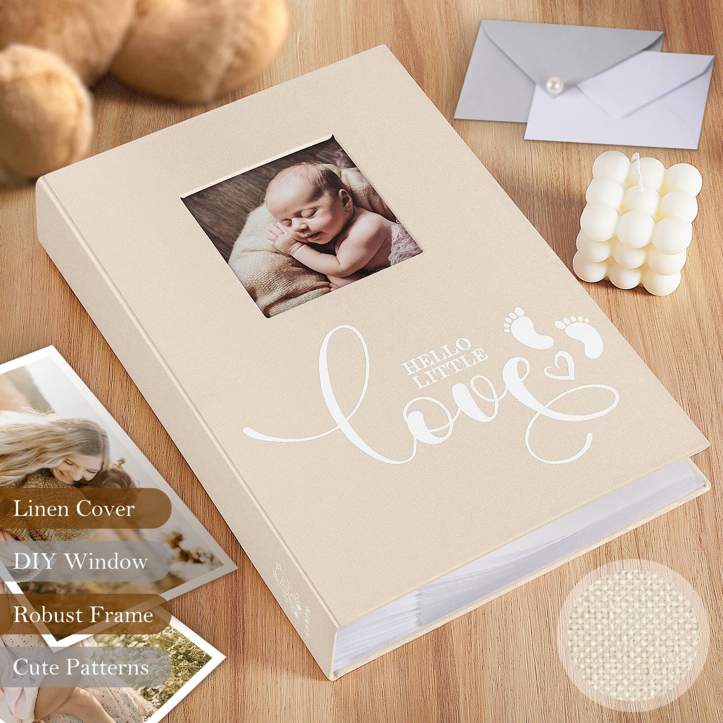 Lanpn Baby Photo Album 4x6 600 Pockets, Linen cover Newborn Bebe Memory Book Photobook Holds 600 Horizontal and Vertical Pictures, Picture Album with Front Window Gift for Boy Girl Baby Shower Pink