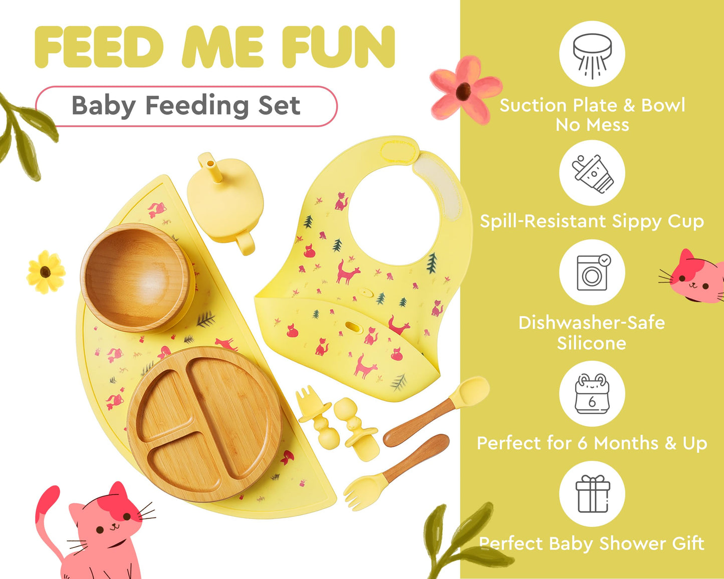 Bamboo Baby Feeding Set for Infants & Toddlers - Baby Essentials, Non-Toxic, Sustainable, Bamboo Suction Plate & Bowl, Bib, Sippy Cup w/Lid & Straw, Daily Use, Travel, Baby Shower Gifts (Pink)