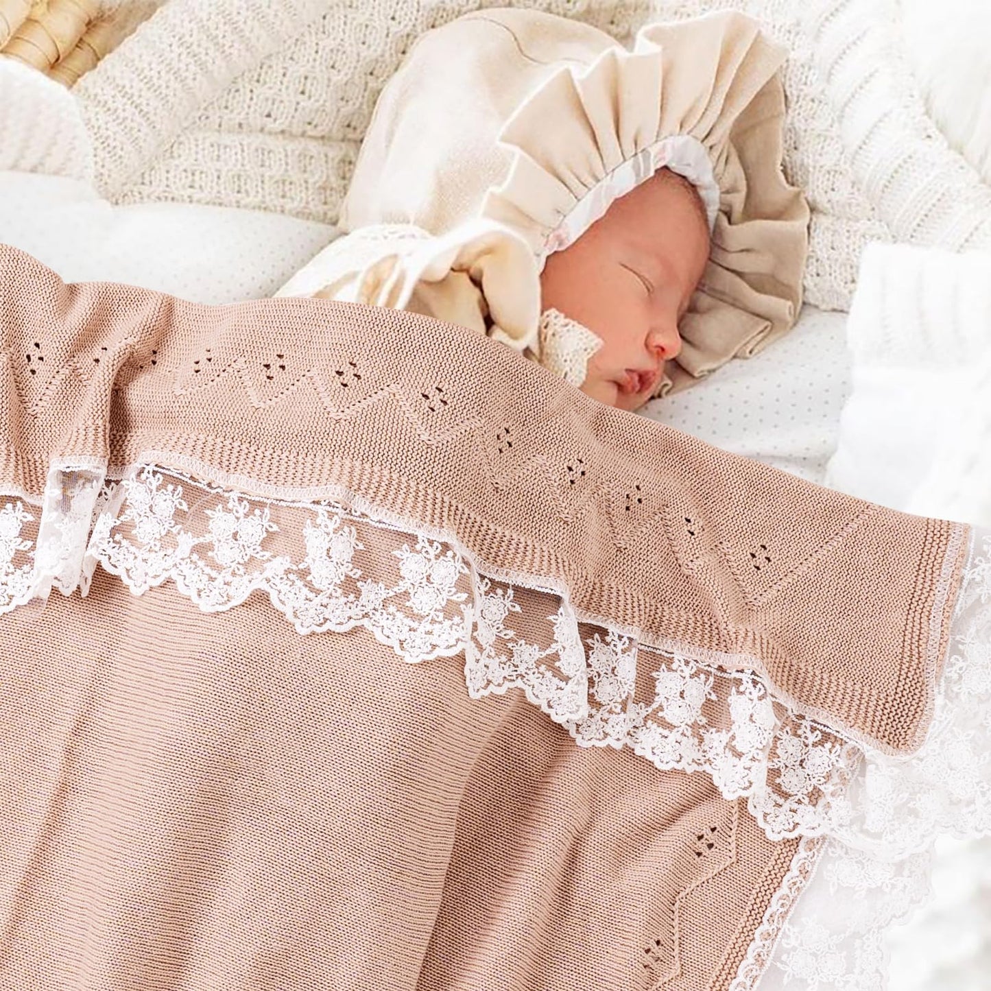 Booulfi Knit White Baby Blankets Neutral,Crib Stroller Newborn Blankets for Boys Girls,Cotton Lace Crochet Winter Blanket Nursery Blanket New Baby Essentials, 38X39