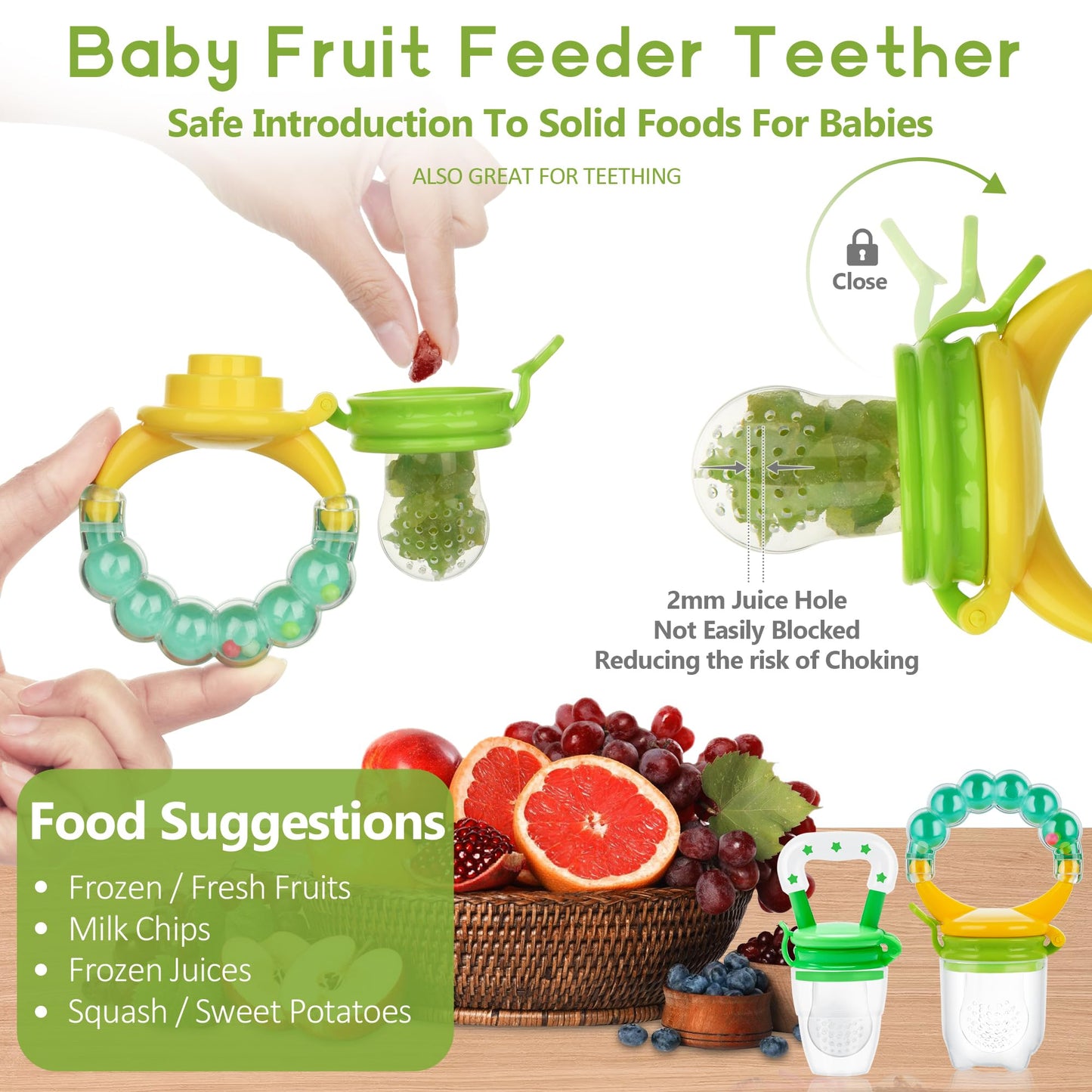 Food Feeder for Baby, Fruit Feeder Pacifier (3 Pcs) with 6 Different Sized Silicone Pacifiers 1 PCS Silicone Baby Food Dispensing Spoon 90ML with 1 PC Baby Spoons 1 PC Pacifier Clip Baby Feeding Set