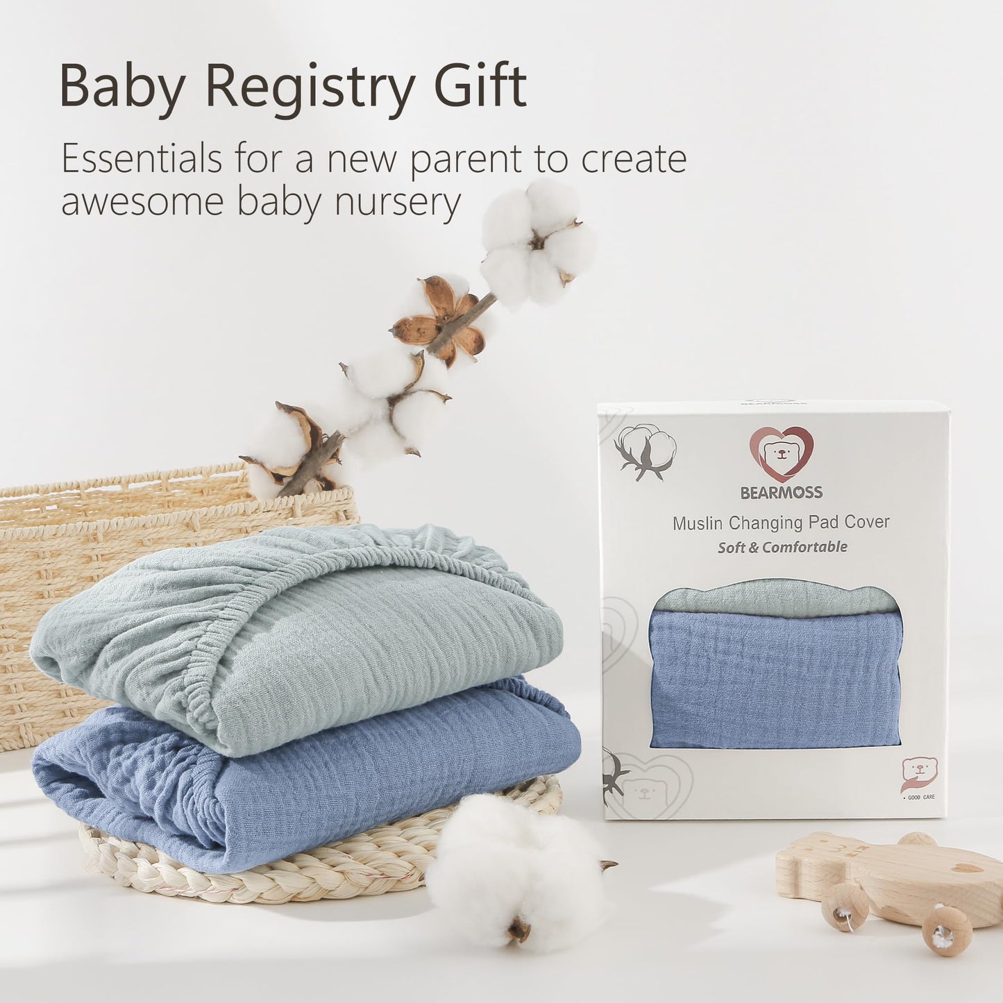 Bearmoss Changing Pad Cover, 2 Pack Muslin [100% Cotton] Diaper Changing Table Covers, 32'' x 16'' Soft Breathable Changing Pad Sheets for Unisex Baby Girls and Boys with Strap Holes (Bluemoon)