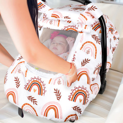 Pea Pod Car Seat Cover Baby, Infant Car Seat Canopy Covers for Newborn with 2 Layers Windows of Breathable Mesh Fabric, Lightweight Polyester/Soft Minky Dot Backing (Floral & Rainbow)