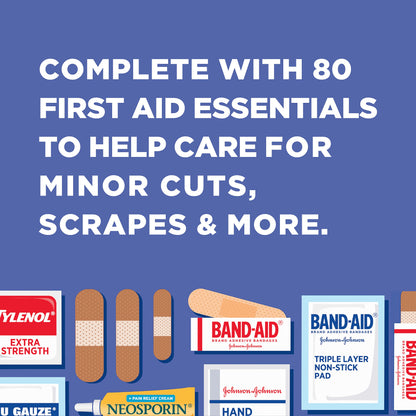 Johnson & Johnson All-Purpose Portable Compact First Aid Kit for Minor Cuts, Scrapes, Sprains & Burns, Ideal for Home, Car, Travel, Camping and Outdoor Emergencies, 160 Pieces