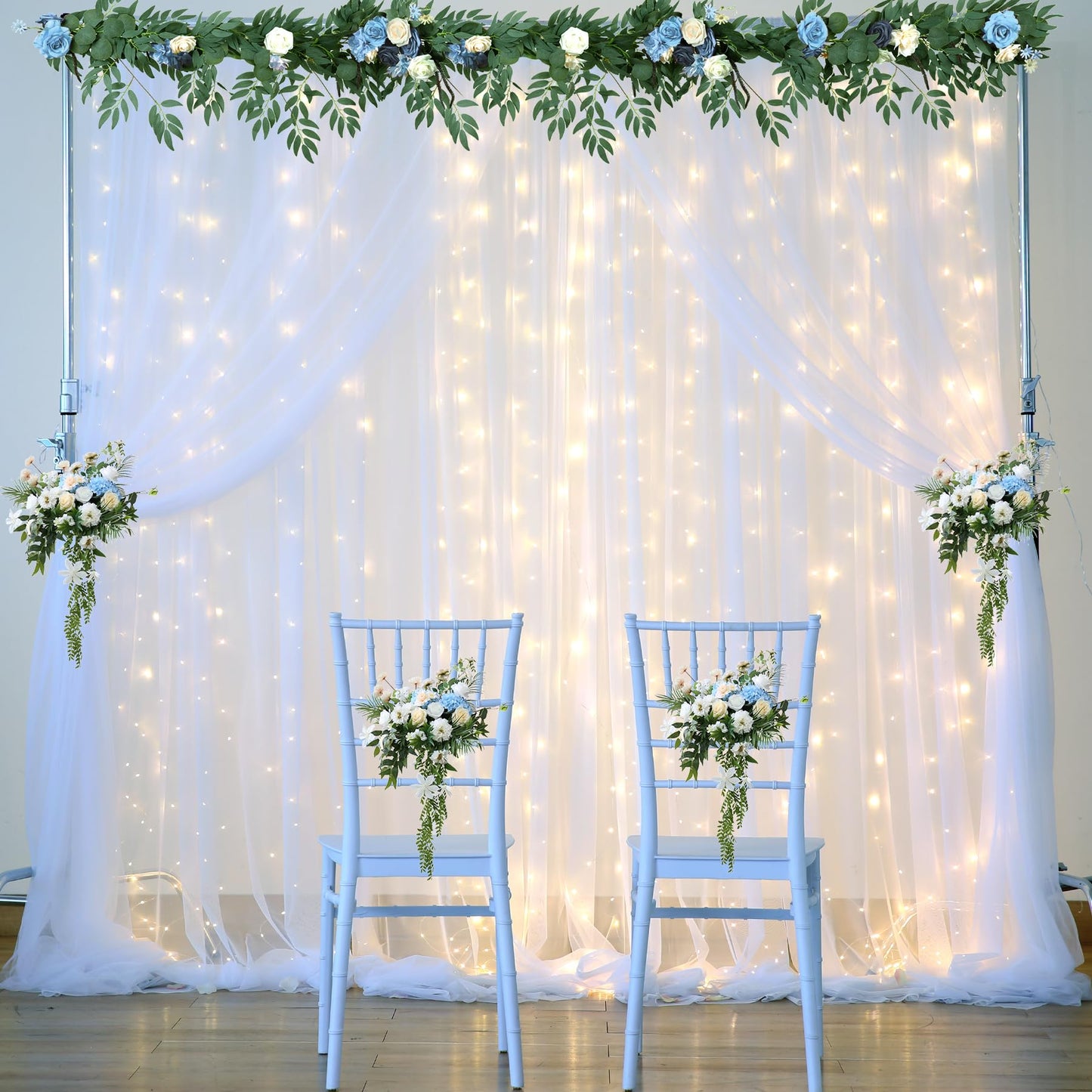 White Tulle Backdrop Curtain with Lights String for Parites 10×8ft Sheer Backdrop Curtains White Curtain Backdrop for Wedding Baby Shower Birthday Party Photo Shoot Decorations(2 Panels 10ft×8ft)