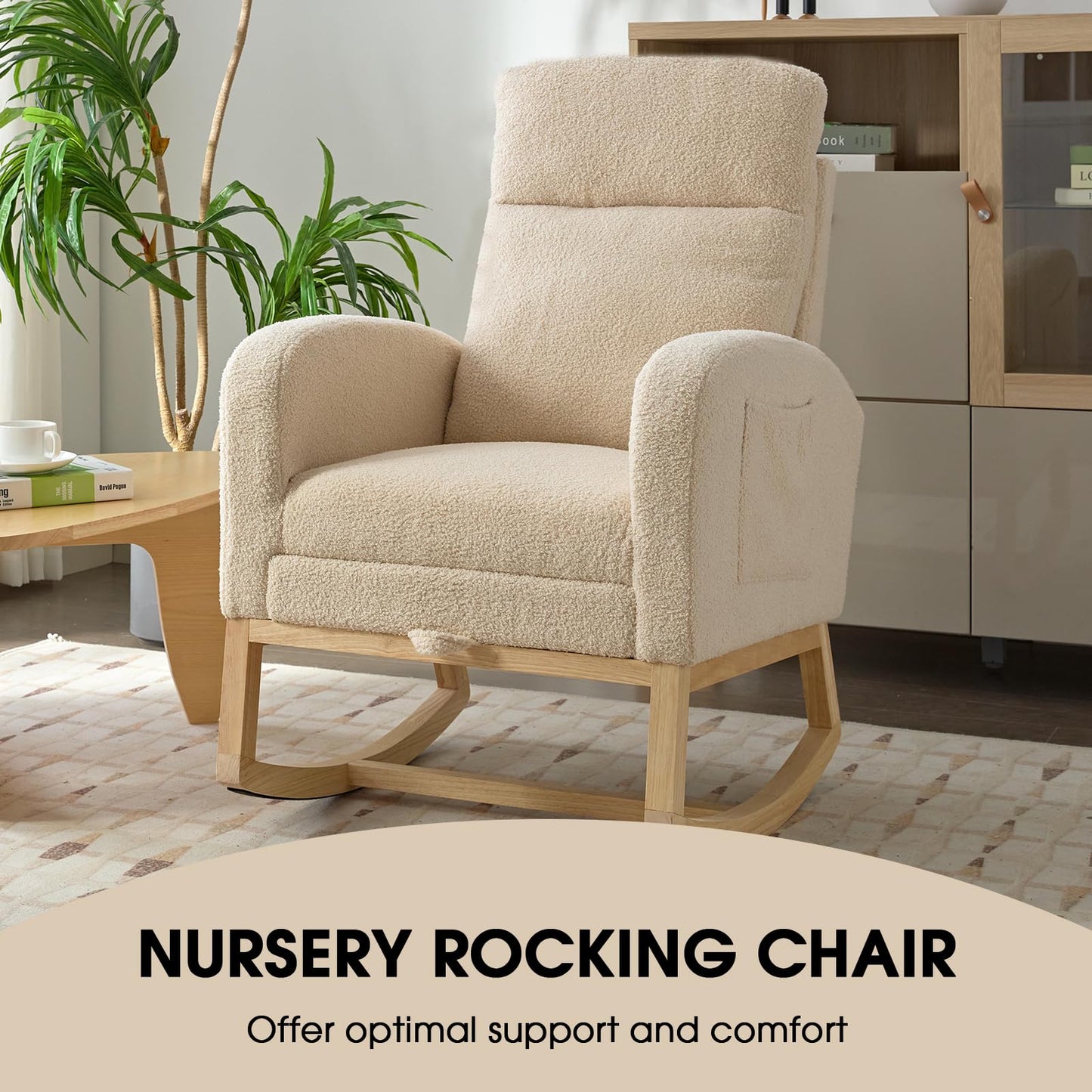 NIOIIKIT Modern Nursery Rocking Chair, Teddy Upholstered Rocking Chair with Footrest, Comfortable Glider Rocker with Side Pocket for Living Room, Bedroom, Nursing Room (Beige)