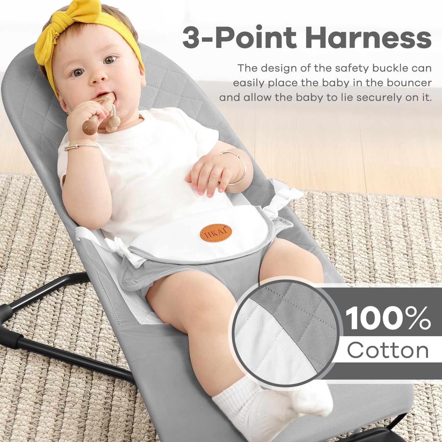 HKAI Baby Bouncer, Portable Baby Bouncer Seat for Babies 0-18 Months, 100% Cotton Fabrics, 3 Modes of use with Rocker and Stationary Options, Infant Rocker Chair with Hanging Toys-Organic Oat