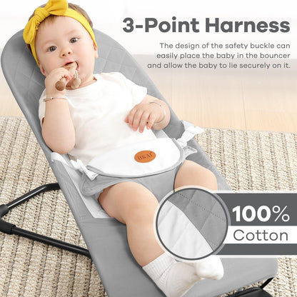 HKAI Baby Bouncer, Portable Baby Bouncer Seat for Babies 0-18 Months, 100% Cotton Fabrics, 3 Modes of use with Rocker and Stationary Options, Infant Rocker Chair with Hanging Toys-Organic Oat