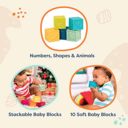 B. toys – Baby Blocks – Stacking & Building Toys For Babies – 10 Soft & Educational Blocks- Numbers, Shapes, Colors, Animals- One Two Squeeze- 6 Months +