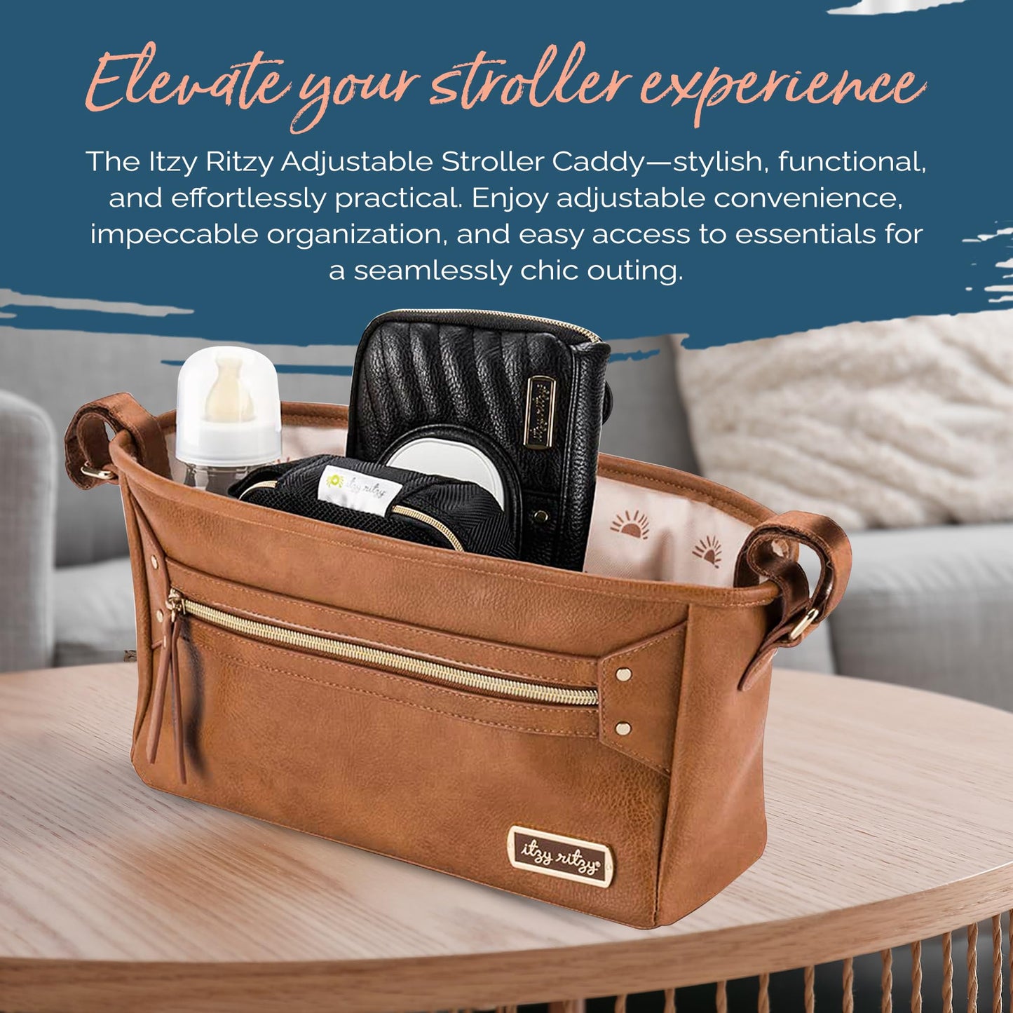 Itzy Ritzy Adjustable Stroller Caddy and Organizer Bag Featuring Front Zippered Pocket, 2 Built-in Interior Pockets & Adjustable Straps to Fit Nearly Any Stroller (Chai)
