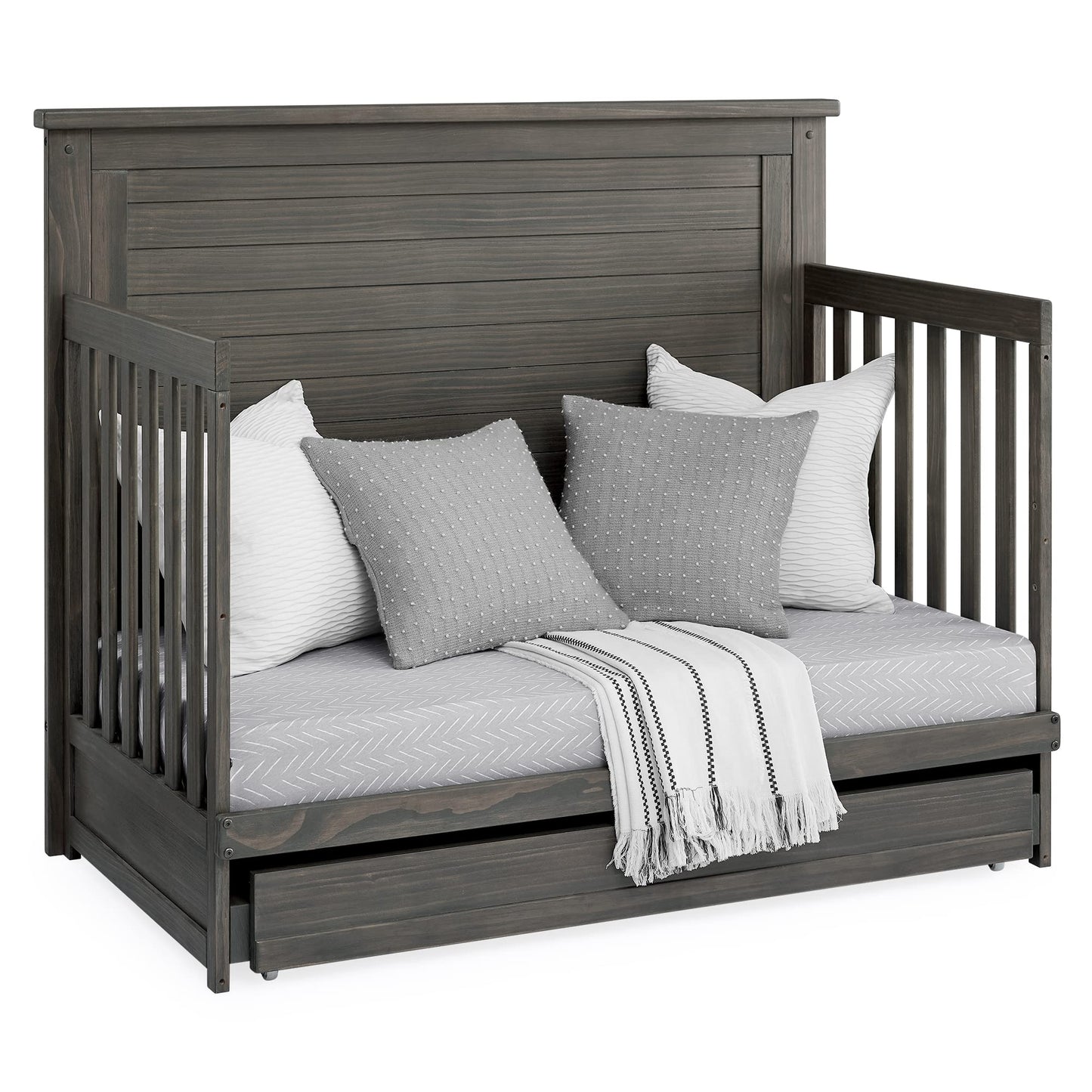 Delta Children Simmons Kids Caden 6-in-1 Convertible Crib with Trundle Drawer, Greenguard Gold Certified, Rustic Mist
