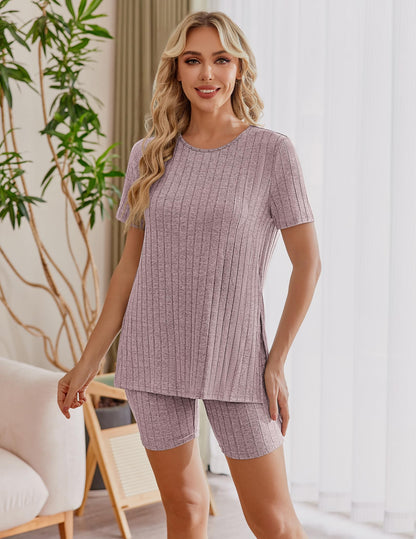Ekouaer Maternity Sets 2 Piece Outfits Ribbed Knit Short Sleeve Shirts and Biker Shorts Pregnancy Loungewear Mama Clothes