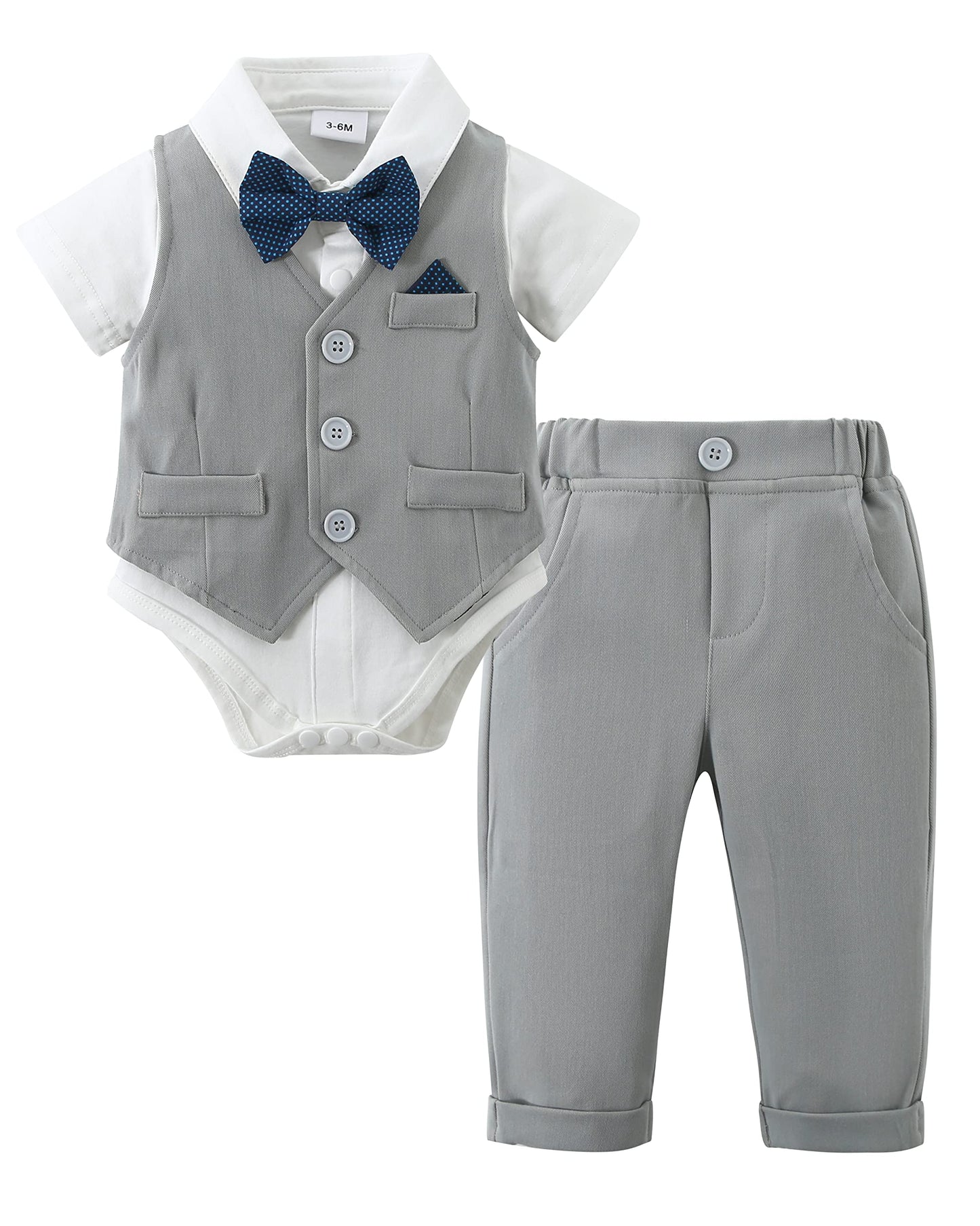 DISAUR Baby Boy Clothes Toddler Boy Outfits 4PCS Gentleman Dress Romper/Vest/Pants/Bow Tie Cotton Suit Sets
