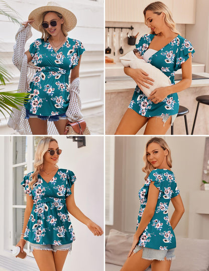 Ekouaer Maternity Shirts 3 Packs Flying Short Sleeve Nursing Tops Pregnancy Clothes