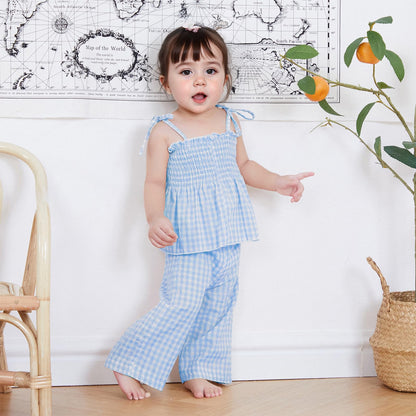 VISGOGO Infant Baby Toddler Girls Clothes Solid Color Sleeveless Camisole Linen Pants Set Baby Summer Outfits