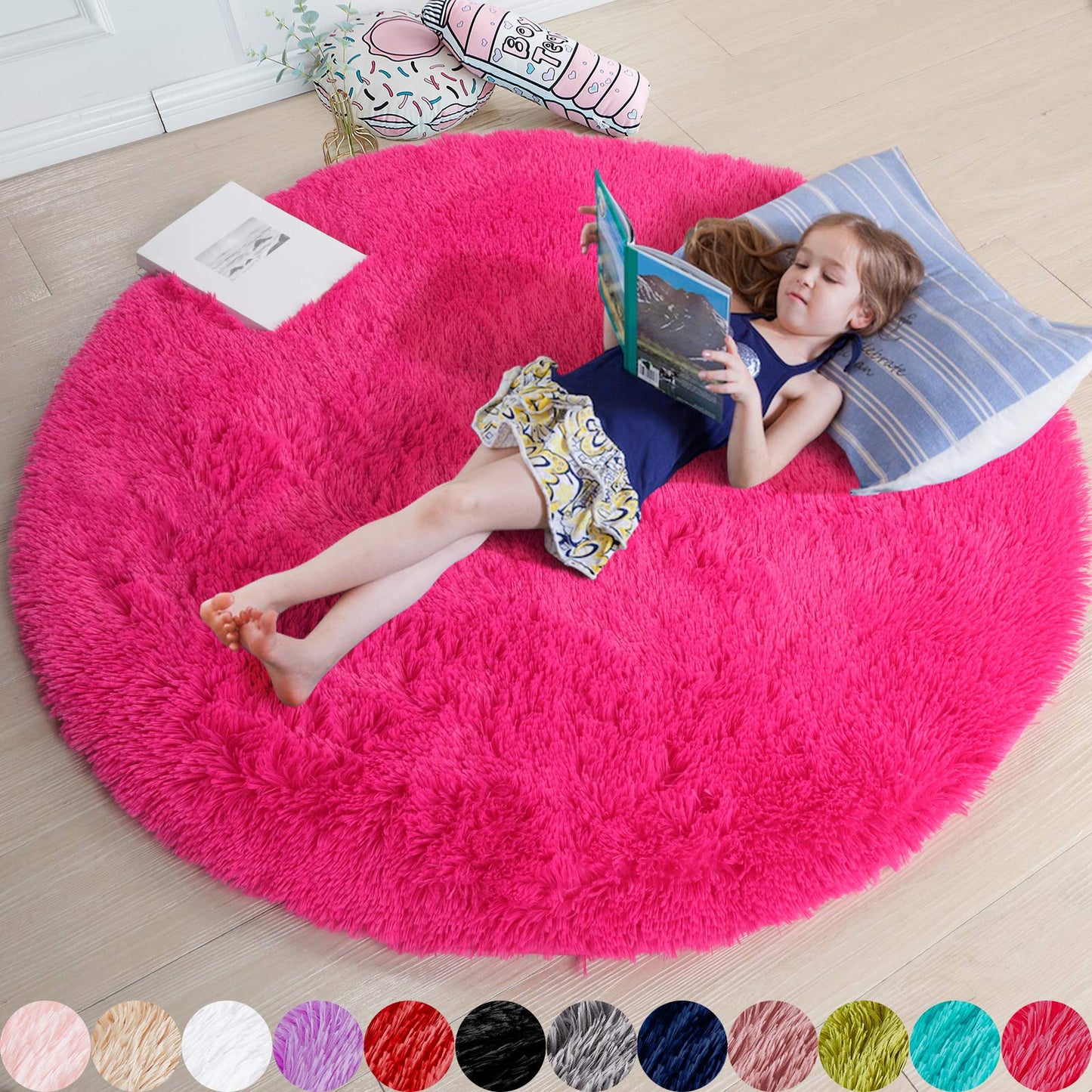 Pink Round Area Rugs 6Ft for Bedroom Living Room, Big Fluffy Shag Circle Rug for Kids Playroom, Cute Preppy Room Decor for Teen Girls, Cozy Fuzzy Furry Plush Carpets for Baby Nursery, Dorm, Classroom
